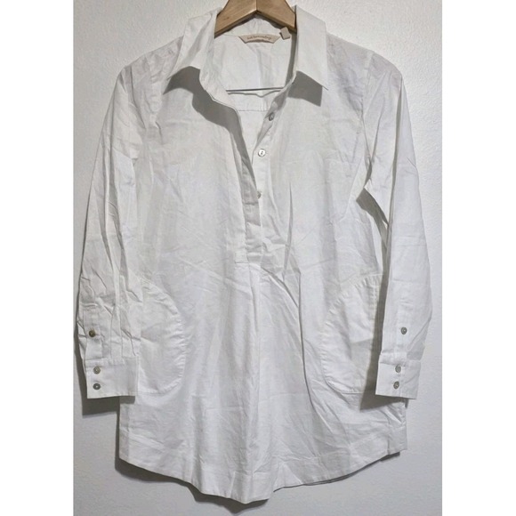 Soft Surroundings Tops - Soft Surroundings PM Petite White Cotton Pockets Collar Long Sleeve Tunic Print